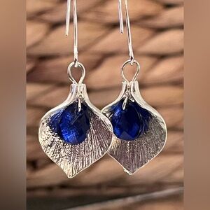 Silver tone and sapphire Blue Leaf Gemstone Earrings - September